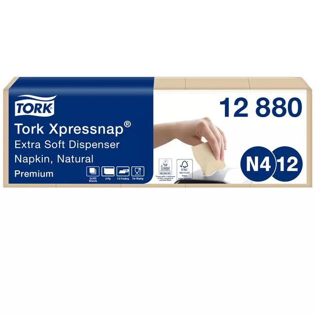 Een Servetten Tork Xpressnap® 1/2 vouw 2-laags 1000 stuks naturel 12880 koop je bij van Kerkvoorde & Hollander B.V.