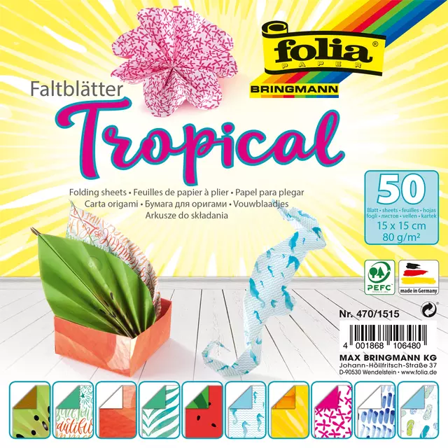 Een Vouwblaadjes Folia 80gr 15x15cm 50 vel 2-zijdig 10 tropical designs koop je bij De Joma BV