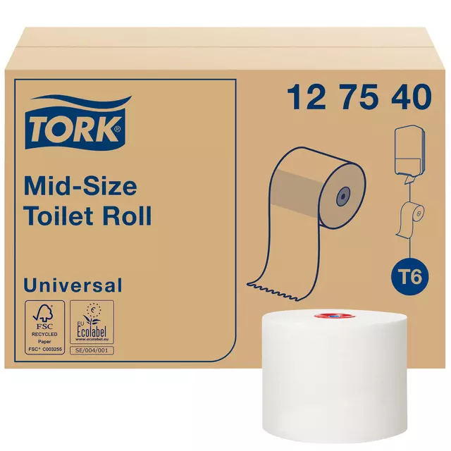 Een Toiletpapier Tork Mid-size T6 Universal 1-laags 135m wit 127540 koop je bij De Joma BV