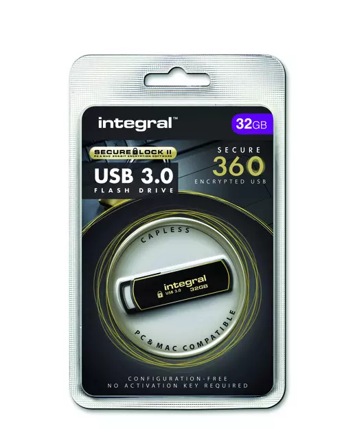 Een USB-stick Integral 3.0 Secure 360 32GB zwart koop je bij Deska Alles voor Kantoor