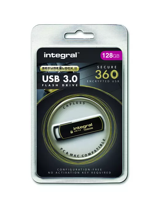 Een USB-stick Integral 3.0 Secure 360 128GB zwart koop je bij All Office Kuipers BV