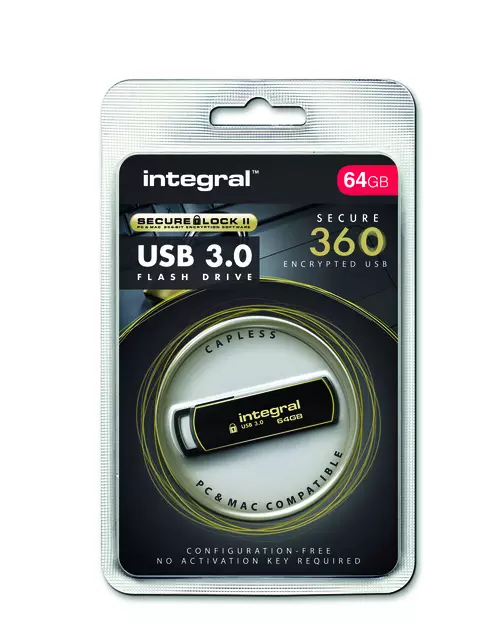 Een USB-stick Integral 3.0 Secure 360 64GB zwart koop je bij De Joma BV