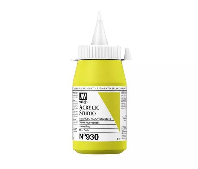 Een Acrylverf Acrylicos Vallejo 500 ml Fluor Yellow koop je bij Topkantoor Repro Creatief