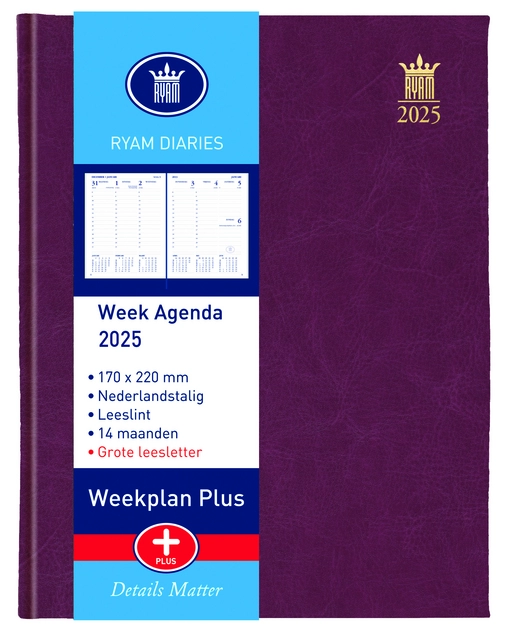 Agenda 2025 Ryam Weekplan Plus Mundior groot letter 7dagen/2pagina's assorti