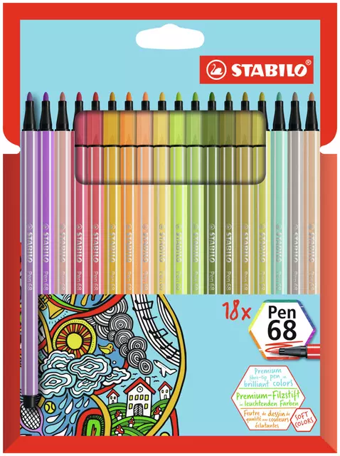 Een Viltstift STABILO Pen 68/18 M soft ass 18st koop je bij All Office Kuipers BV