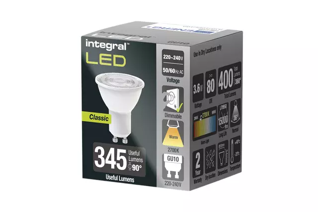 Een Ledlamp Integral GU10 2700K warm wit 3.6W 400lumen koop je bij All Office Kuipers BV