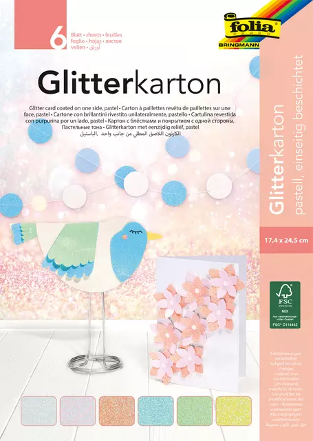 Een Glitterkarton Folia 174x245mm 6 vel pastel assorti koop je bij VDP Office