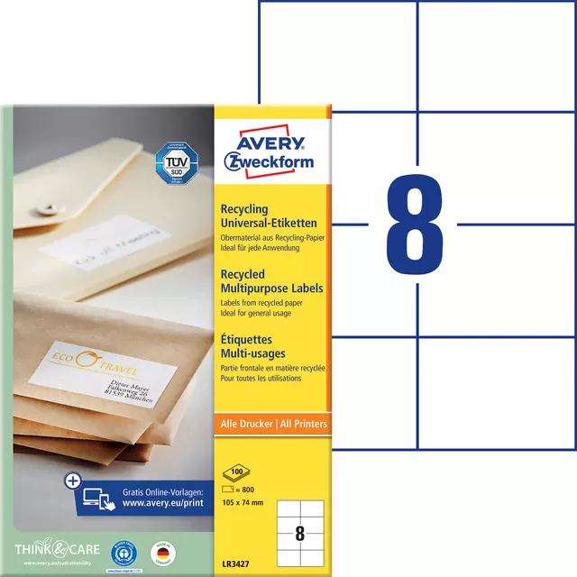 Een Etiket Avery Zweckform LR3427-100 105x74mm recycled wit 800stuks koop je bij Schellen Boek- en Kantoorboekhandel