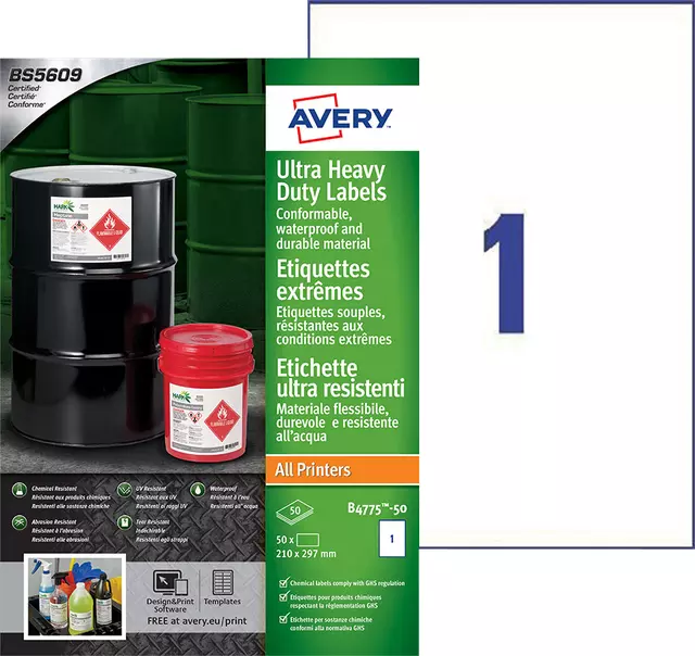 Een Etiket Avery B4775-50 210x297mm polyethyleen wit 50stuks koop je bij Schellen Boek- en Kantoorboekhandel