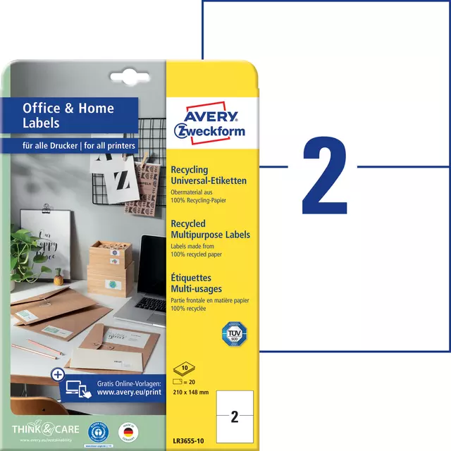 Een Etiket Avery Zweckform LR3655-10 210x148mm recycled wit 20stuks koop je bij QuickOffice BV