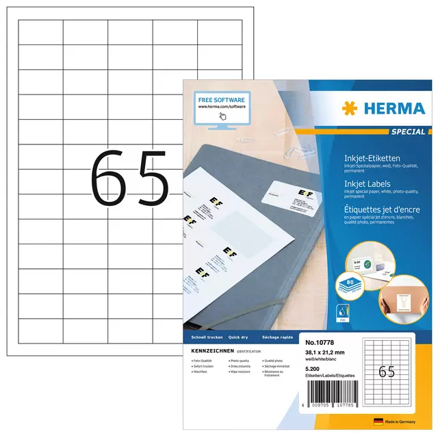 Een Etiket HERMA 10778 38.1x21.2mm wit 5200stuks koop je bij All Office Kuipers BV