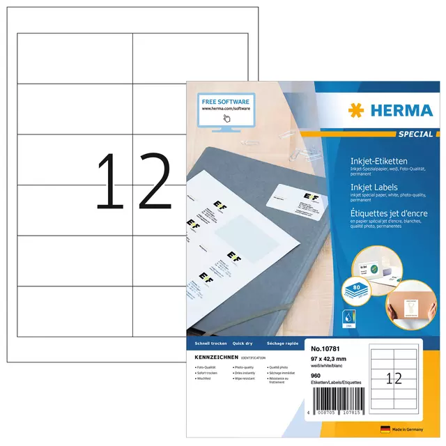 Een Etiket HERMA 10781 97x42.3mm wit 960stuks koop je bij All Office Kuipers BV
