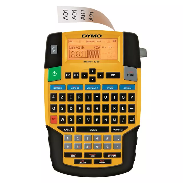 Een Labelprinter Dymo Rhino 4200 industrieel azerty 19mm geel in koffer koop je bij De Joma BV