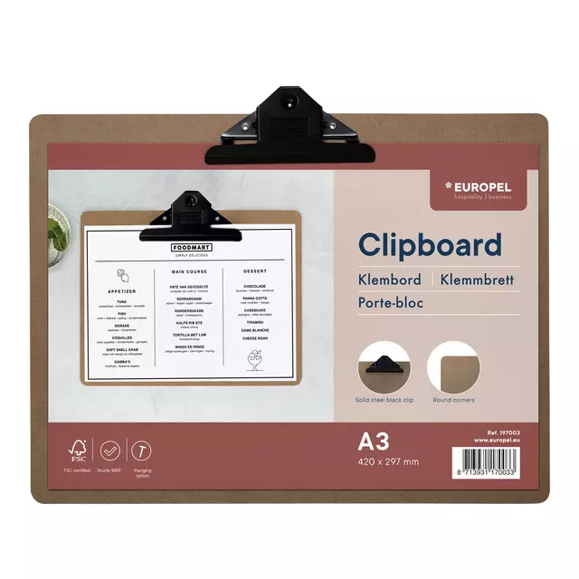 Een Klembord Europel A3 liggend hout koop je bij Clippz! Office Supplies