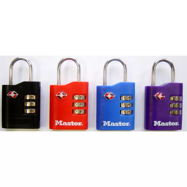 Een Hangslot Masterlock 3-cijfer combi TSA set van 2 sloten assorti in willekeurige kleur 30mm koop je bij QuickOffice BV