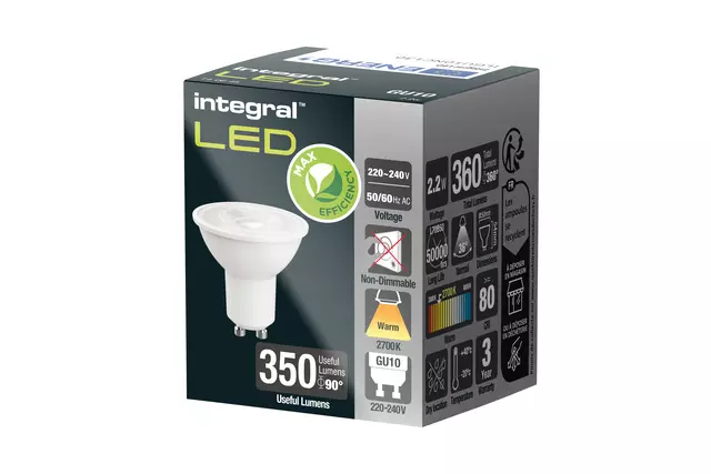 Een Ledlamp Integral GU10 2700K warm wit 2.2W 360lumen koop je bij Quality Office Supplies