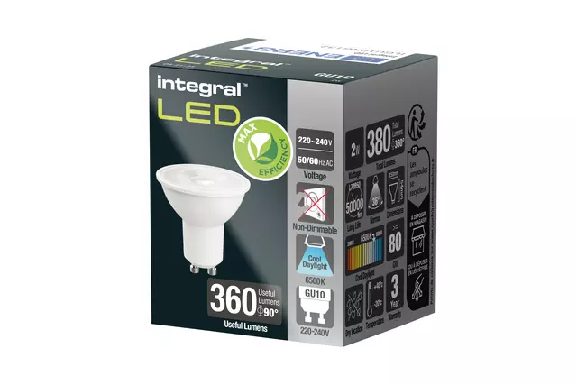 Een Ledlamp Integral GU10 6500K koel wit 2.0W 380lumen koop je bij De Rijk Kantoorshop