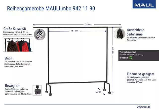 Een Garderoberek MAUL Limbo 156x126(tot 220)x50cm mob koop je bij All Office Kuipers BV