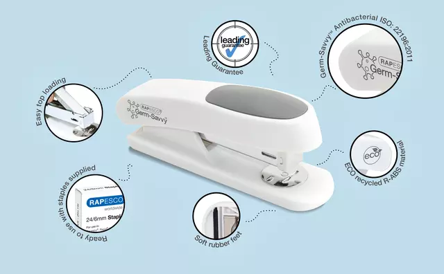 Een Nietmachine Rapesco Germ-Savvy ECO Sting Ray antibacterieel 24/6mm wit koop je bij QuickOffice BV