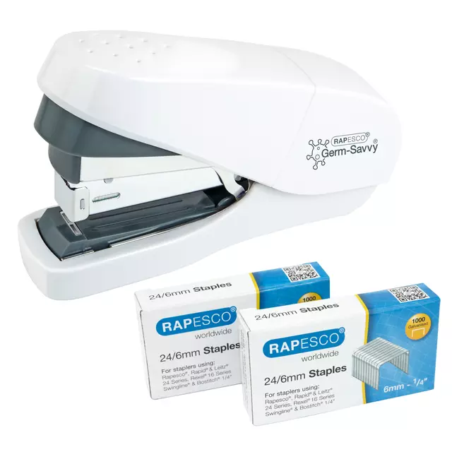 Een Nietmachine Rapesco Germ-Savvy ECO Less Effort Flat Clinch antibacterieel 24/6mm wit koop je bij De Joma BV