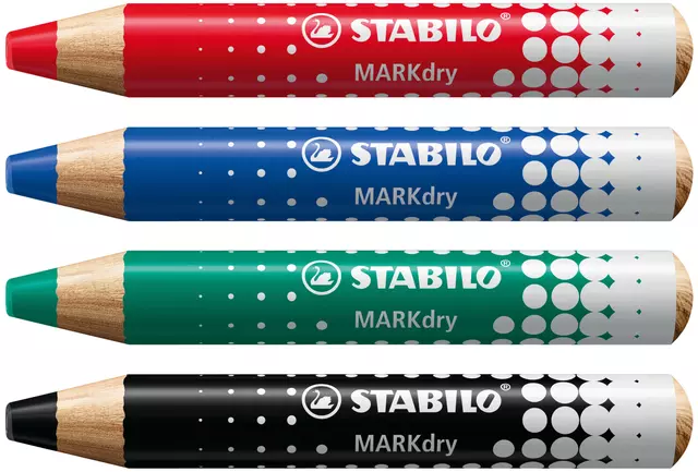 Whiteboardpotlood STABILO MARKdry 648/4 inclusief slijper en microvezeldoek assorti etui à 4 stuks