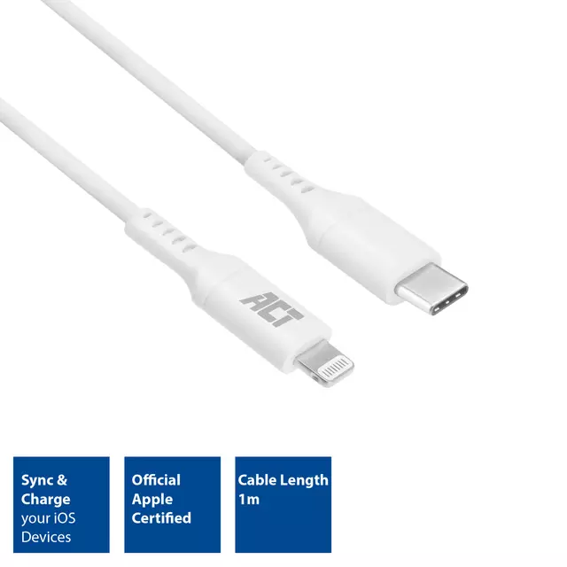 Een Kabel ACT USB-C naar Lightning laad -en data 1m koop je bij All Office Kuipers BV