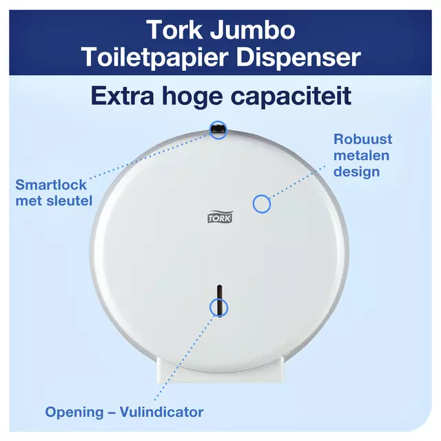 Een Toiletpapierdispenser Tork Jumbo T1 mtl wit 246040 koop je bij All Office Kuipers BV
