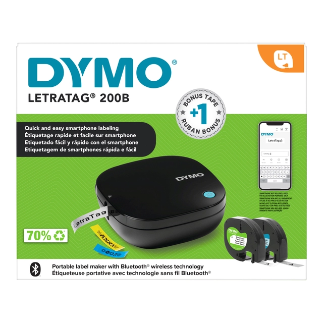 Een Labelprinter Dymo LetraTag 200B draagbaar bluetooth 12mm zwart promopack koop je bij Continu Kantoor