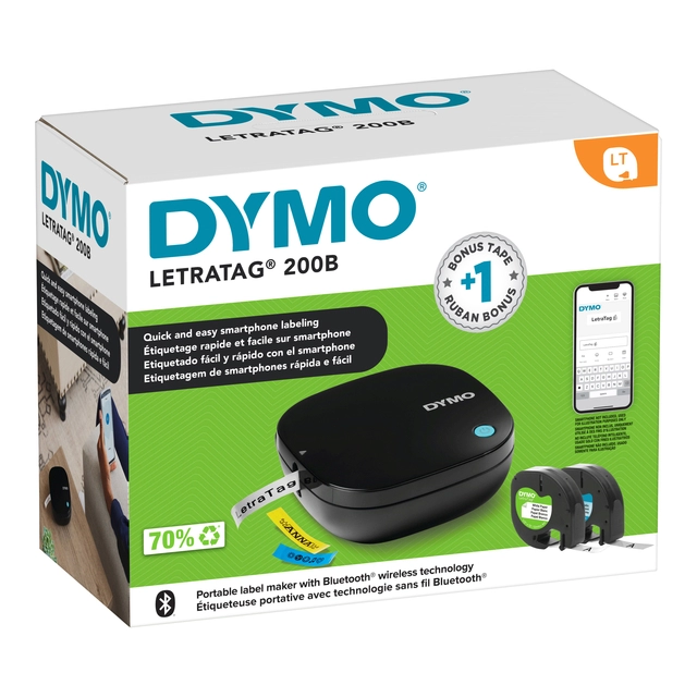 Labelprinter Dymo LetraTag 200B draagbaar bluetooth 12mm zwart promopack