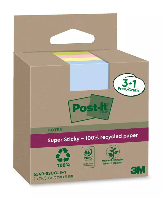 Een Memoblok 3M Post-it 654 RSSCOL 76x76mm ass. kl 3+1 koop je bij All Office Kuipers BV