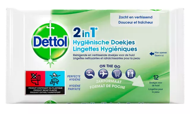 Een Hygiënische verfrissingsdoekjes Dettol Wipes 2-in-1 12st koop je bij Romijn Office Supply