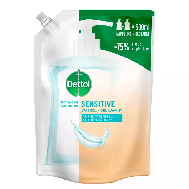 Een Handzeep Dettol Sensitive antibacterieël 500ml refill koop je bij De Rijk Kantoorshop