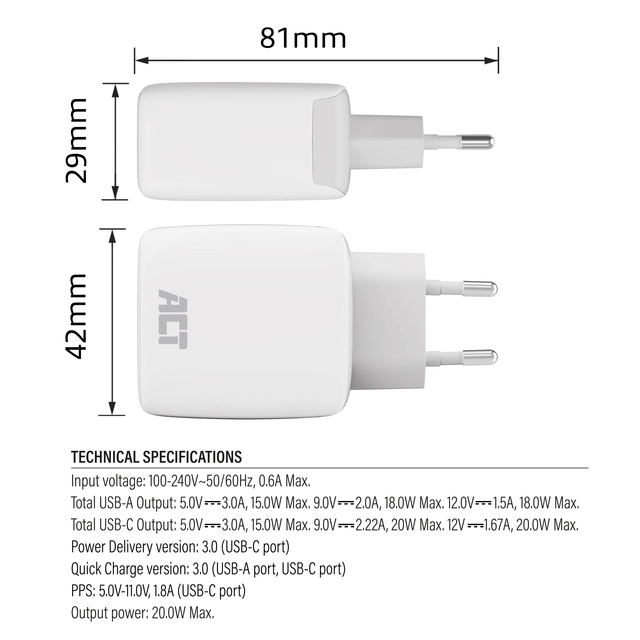 Een Oplader ACT 20w 2-poorts usb a+c wit koop je bij Continu Kantoor