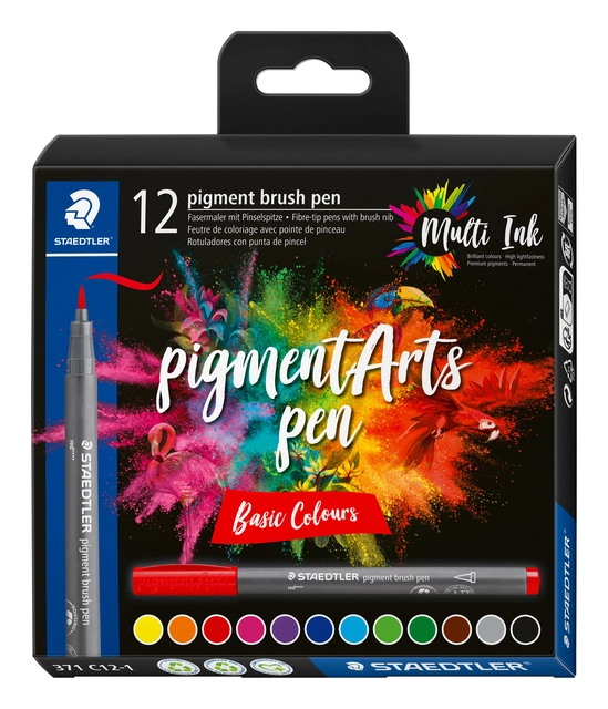 Een Brushpen Staedtler PigmentArts set à 12 kleuren koop je bij BeteS