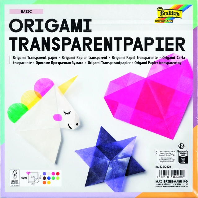 Een Origami papier Folia 20x20cm transparant 42gr 500 vel in 10 kleuren koop je bij De Joma BV