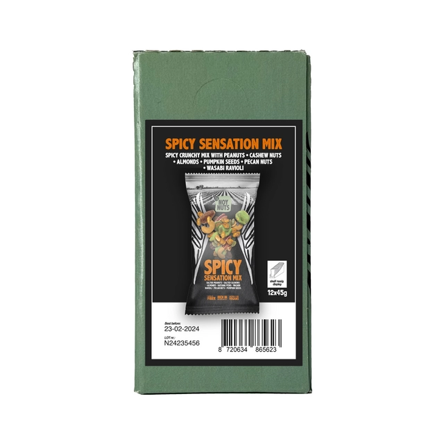 Een Noten NoyNuts spicy sensation mix zak 45 gram koop je bij van Kerkvoorde & Hollander B.V.