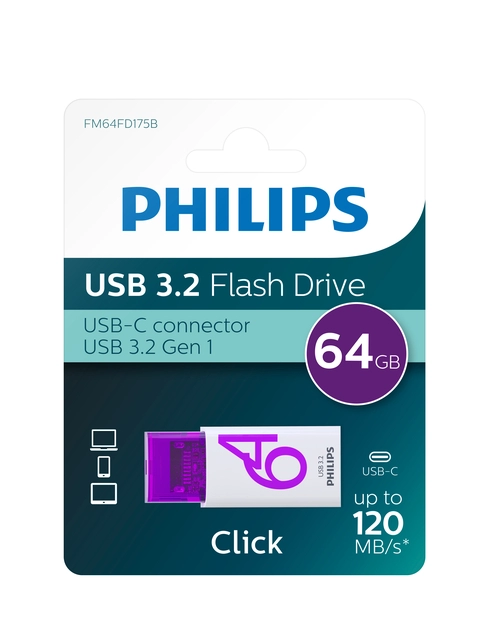 Een USB Stick Philips Click USB-C 64GB Magic Purple koop je bij De Joma BV