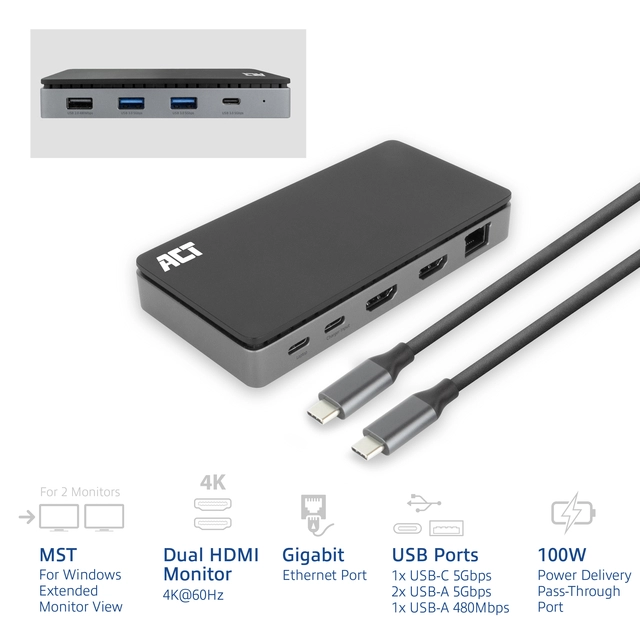 Een Dockingstation ACT USB-C 4K MST voor 2 HDMI monitoren koop je bij Clippz! Office Supplies