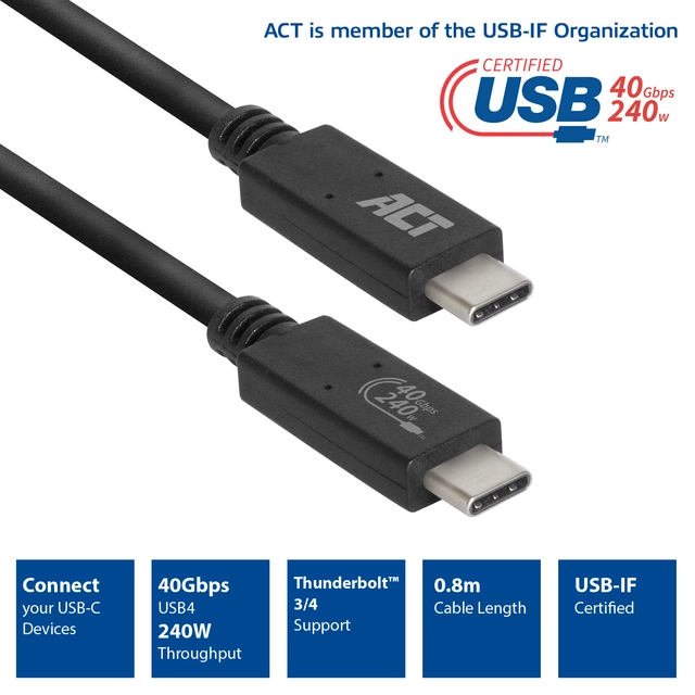 Een Kabel ACT USB4 40Gbps USB-C USB-IF koop je bij Clippz! Office Supplies