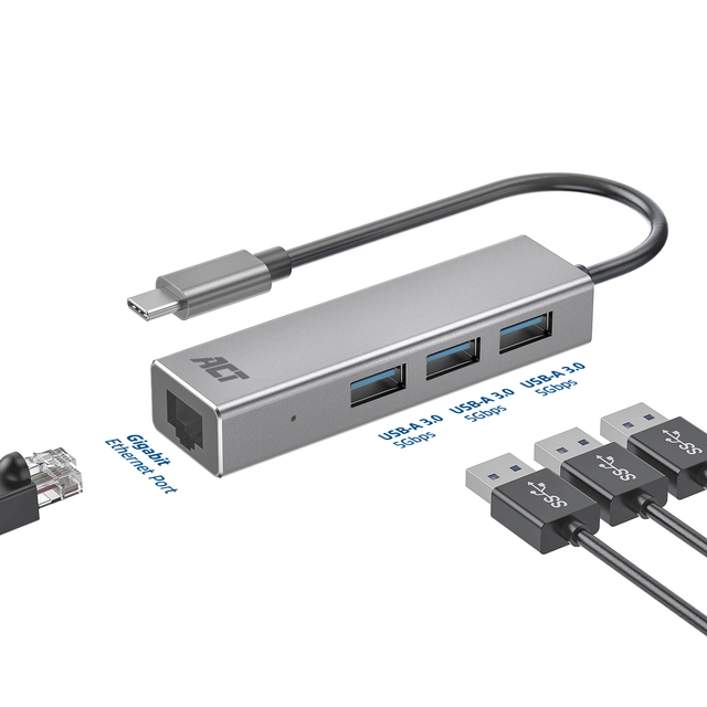 Een Hub ACT USB-C 3.0 3x USB-A Gigabit ethernet koop je bij Clippz! Office Supplies