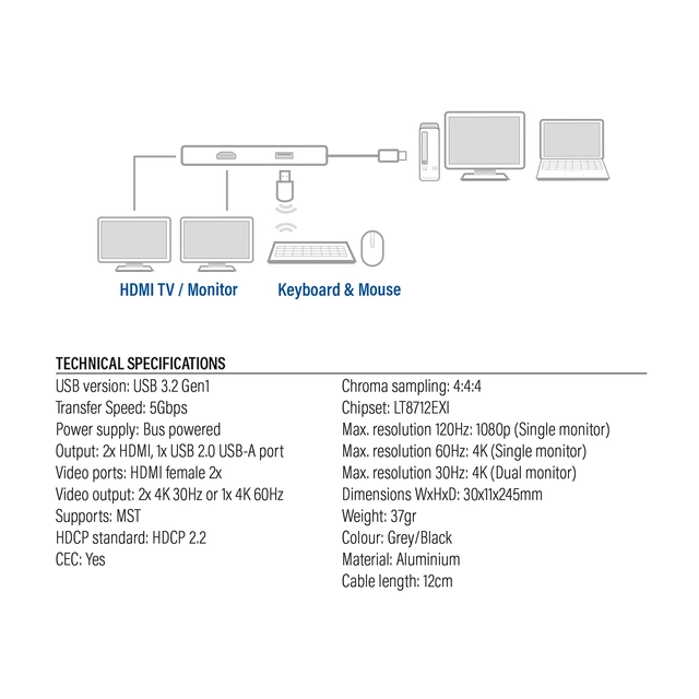 Een Adapter ACT USB-C 4K multiport voor 2 HDMI monitoren koop je bij Clippz! Office Supplies