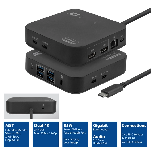 Dockingstation ACT USB-C Dual Monitor met Power Delivery