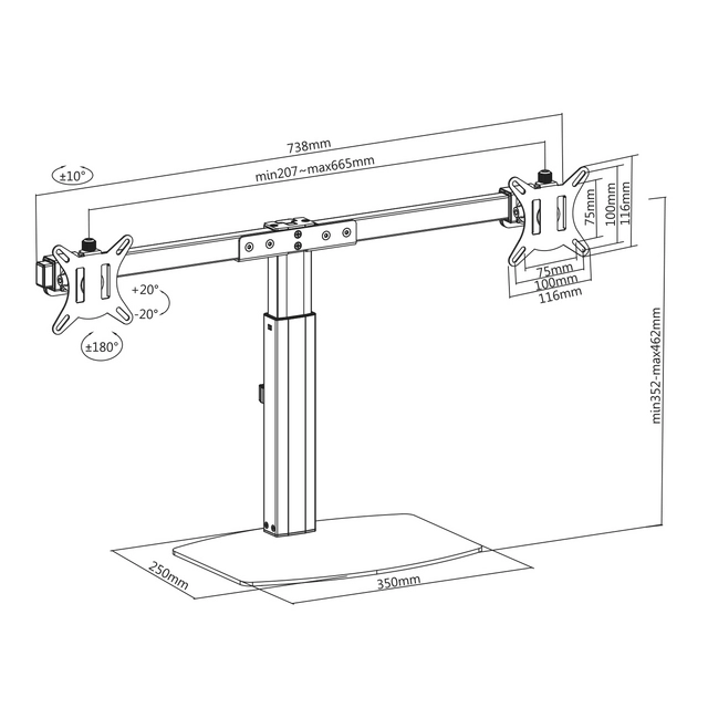 Monitorarm ACT office gasveer crossbar 2 schermen