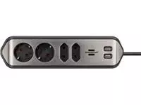 Stekkerdoos Brennenstuhl bureau Estilo 4 voudig inclusief 2 USB 2 meter zwart/zilver