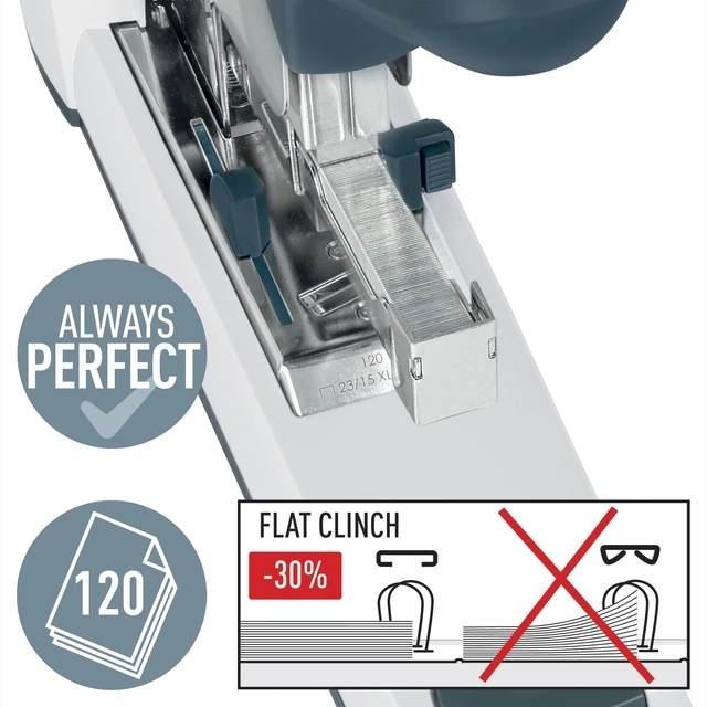 Een Nietmachine Leitz Heavy Duty Flat Clinch 120 vel zilver koop je bij QuickOffice BV