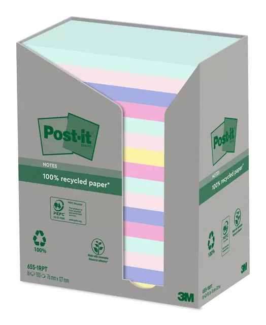 Een Memoblok Post-it 655-RPT 76x127mm recycled rainbow pastel koop je bij De Joma BV
