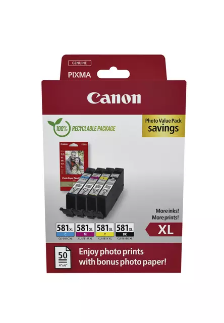 Een Inktcartridge Canon CLI-581XL 4 kleuren +50 vel fotopapier 10x15cm koop je bij Sysdicom BV