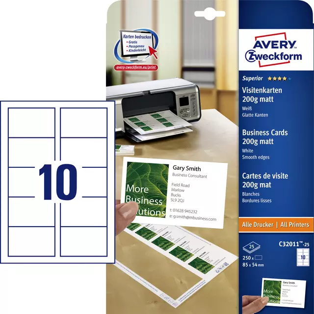 Een Visitekaart Avery Zweckform C32011-25 85x54mm 200gr 250stuks koop je bij QuickOffice BV