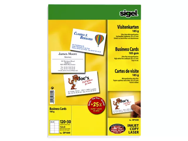 Een Visitekaart Sigel 85x55mm blanco 185gr wit 150 stuks koop je bij De Joma BV