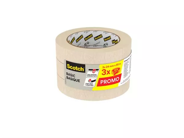 Een Afplaktape Scotch Basic 24mmx50m beige 3 rollen koop je bij Supply Mij